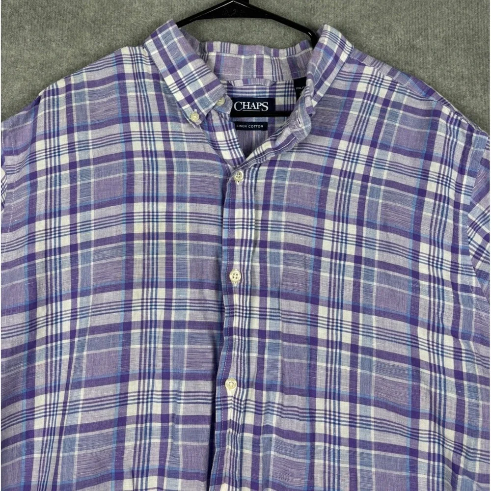 Chaps Linen Cotton Short Sleeve Plaid Button Down Shirt‎ XXL Purple